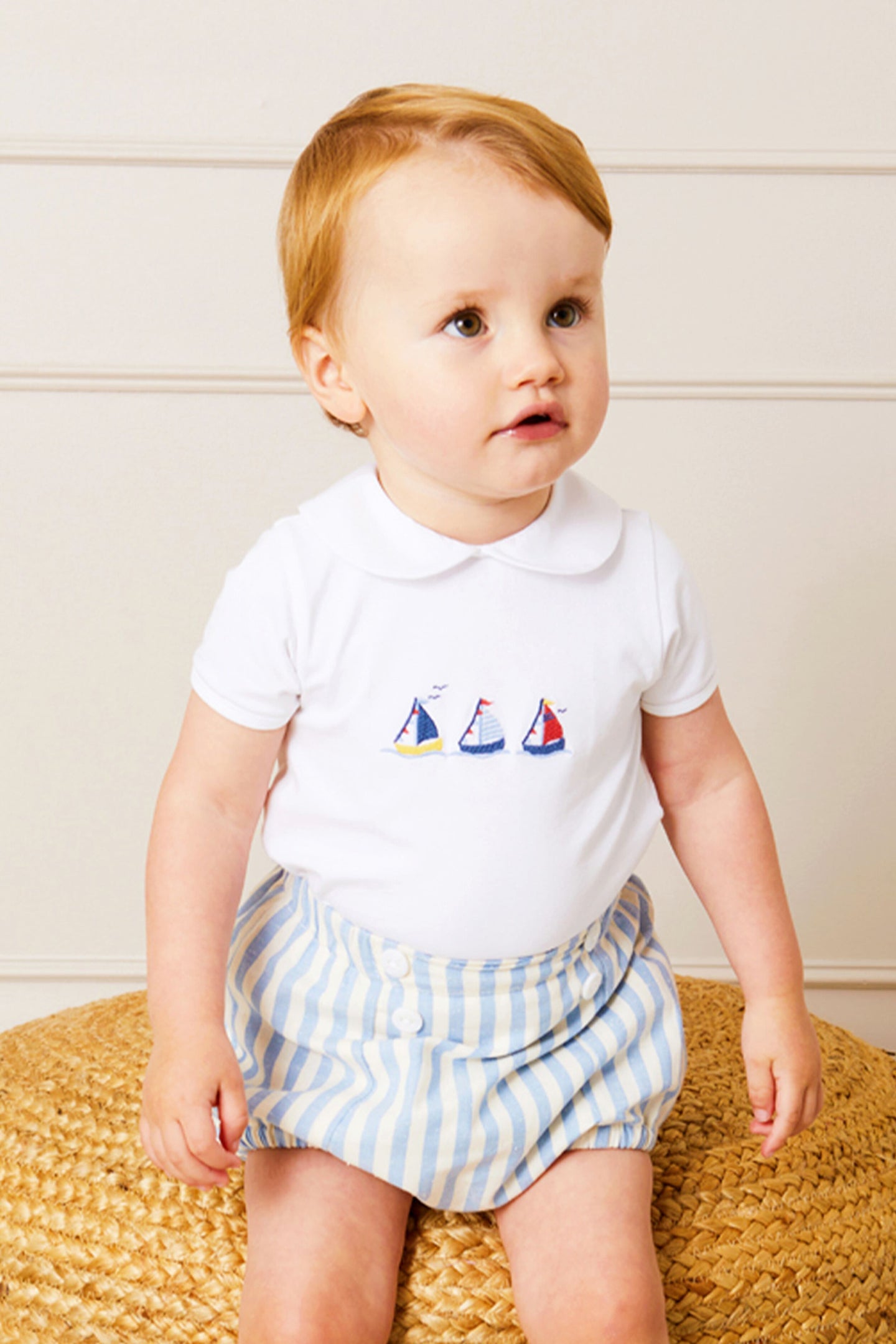 Embroidered Boat Motif Peter Pan Collar Bodysuit in White