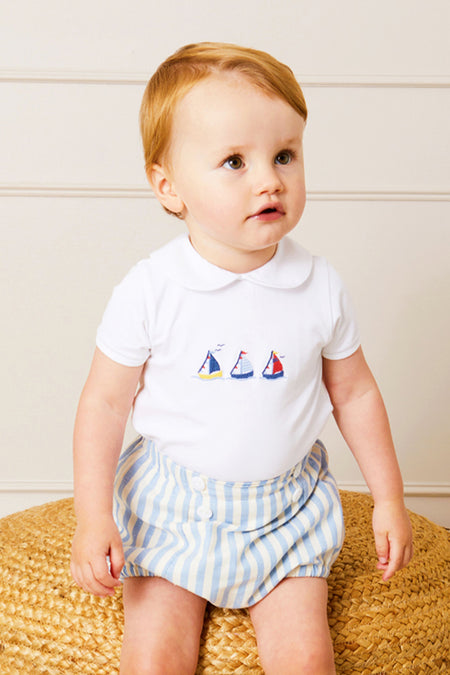 Embroidered Boat Motif Peter Pan Collar Bodysuit in White