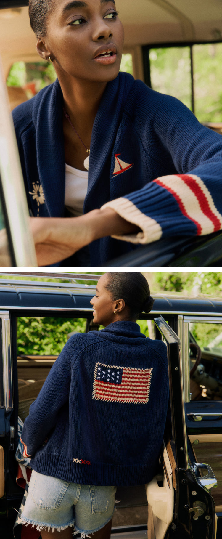 Top: Woman sitting in a car looking out the window in a navy sweater with icons. Bottom: Woman leaning on the car in the same sweater with an American flag icon on the back. 