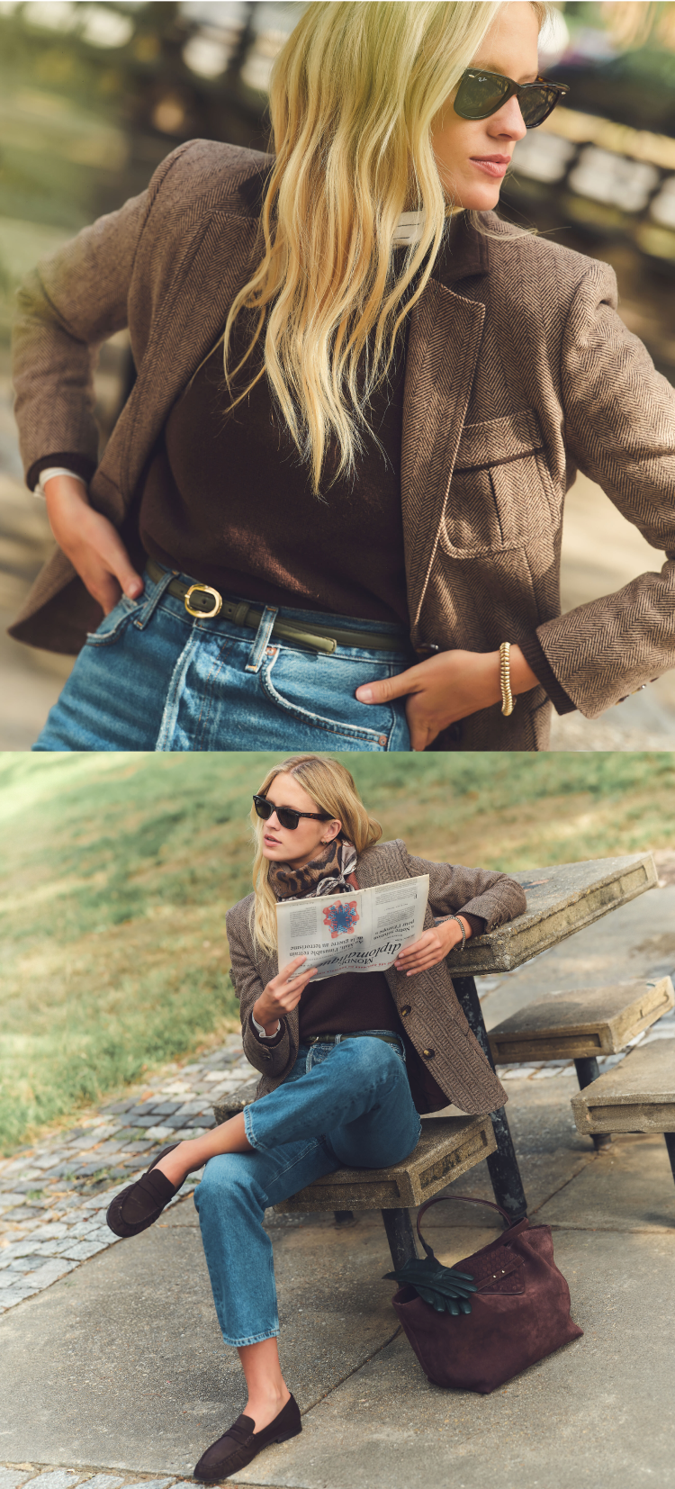 Image one: woman in a tweed blazer, brown sweater and jeans with her hands on her hips. Image two: Woman in a tweed blazer, brown sweater, jeans, and brown loafers sitting in a park reading the newspaper. 