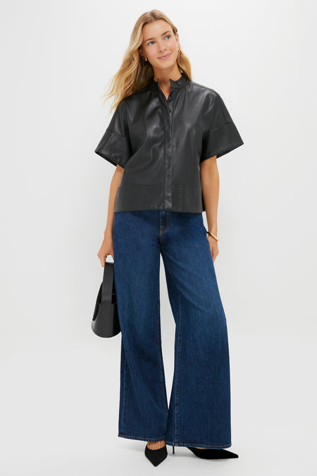 Black Leather Trapunto Stitch Sofia Shirt