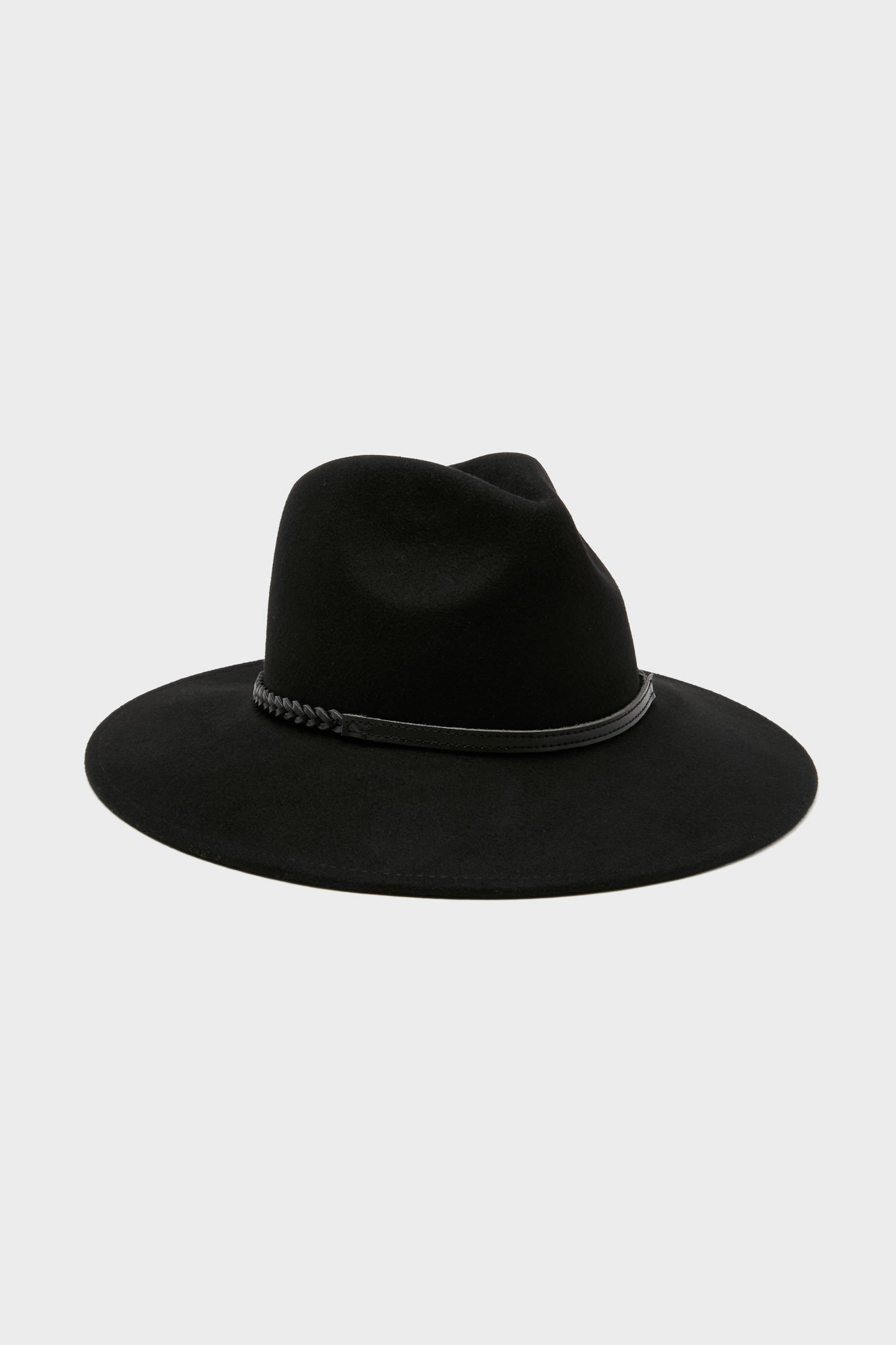 Classic Black Tack Fedora Hat with a wide brim and a braided leather band, offering an effortless, high-end touch to your wardrobe for fun, confident styling.