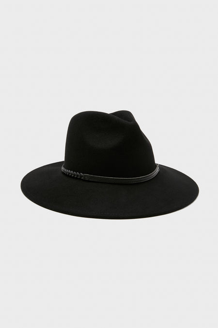 Classic Black Tack Fedora Hat with a wide brim and a braided leather band, offering an effortless, high-end touch to your wardrobe for fun, confident styling.