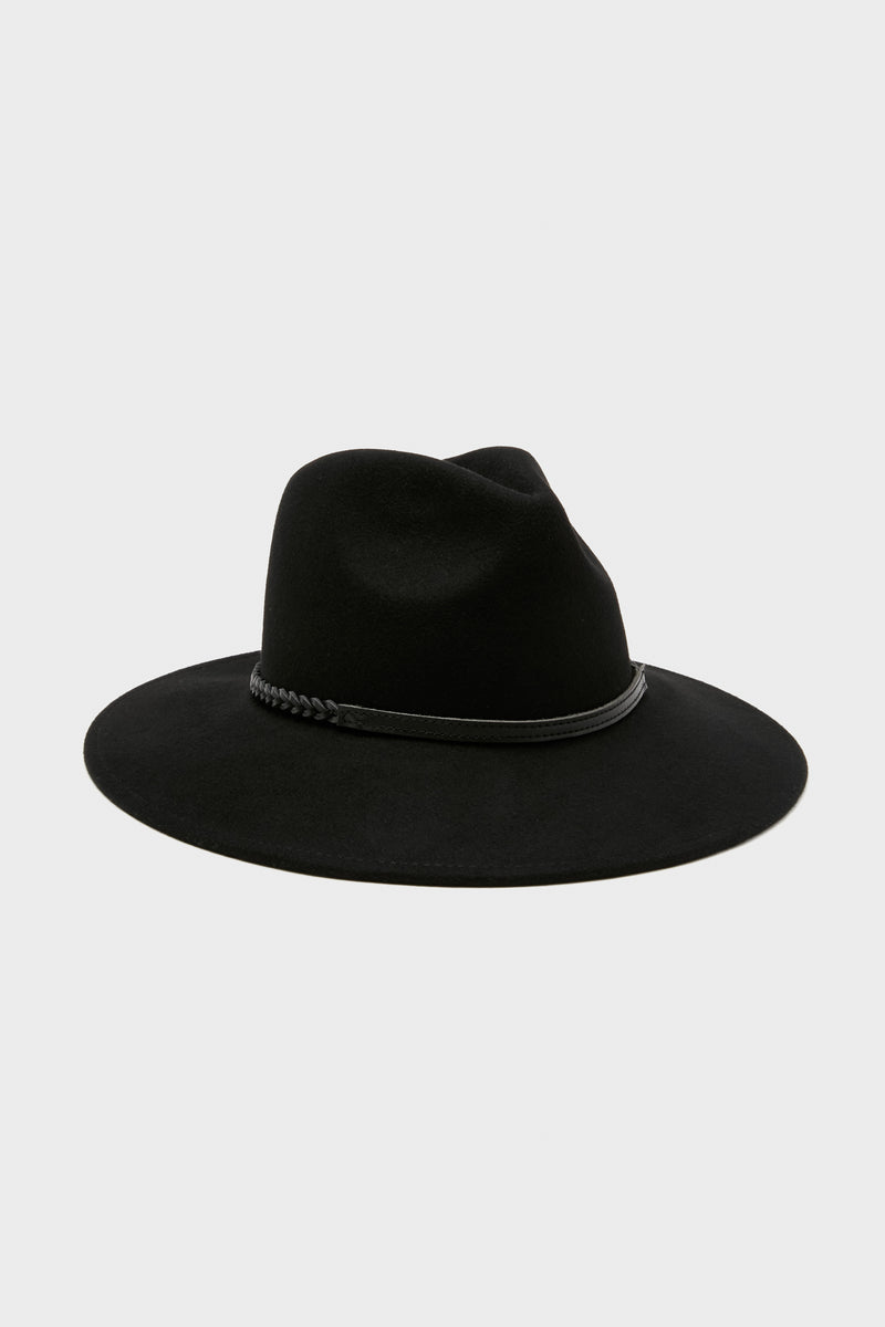 Classic Black Tack Fedora Hat with a wide brim and a braided leather band, offering an effortless, high-end touch to your wardrobe for fun, confident styling.