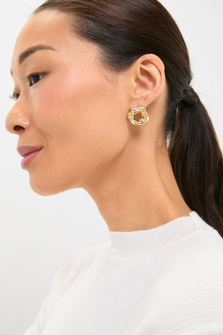 Woman wearing Gold Silver Hailey Studs, showcasing classic, effortless style with chunky, twisted, mixed-metal design. Perfect high-end accessory for fun, versatile outfits.