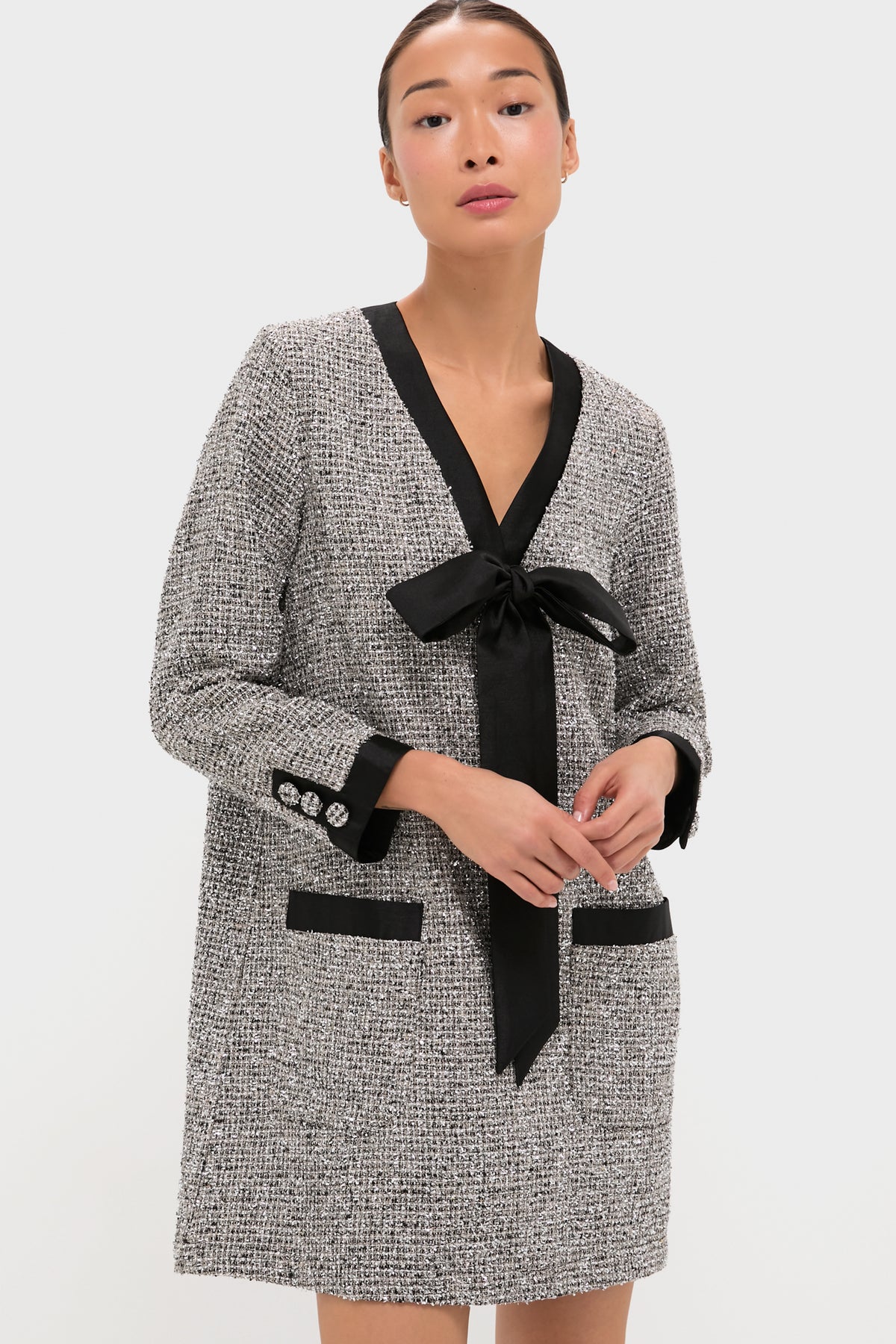 Silver Coco Tweed Bow Dress