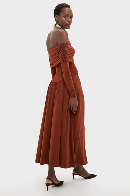 Burgundy Off the Shoulder Ruched Midi Dress