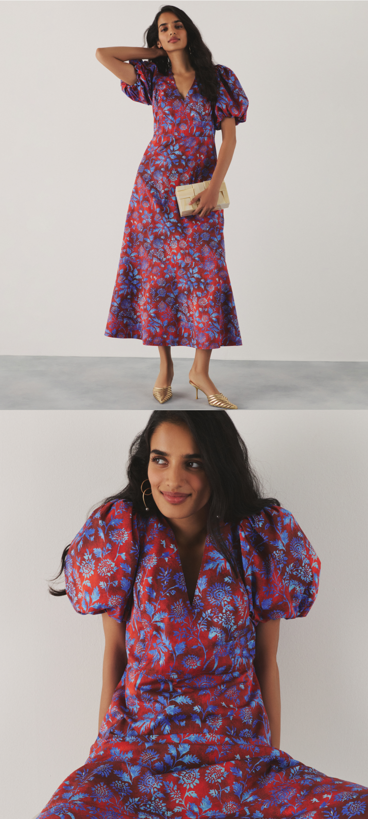 Woman in a red and blue floral patterned midi dress with puffed sleeves. 