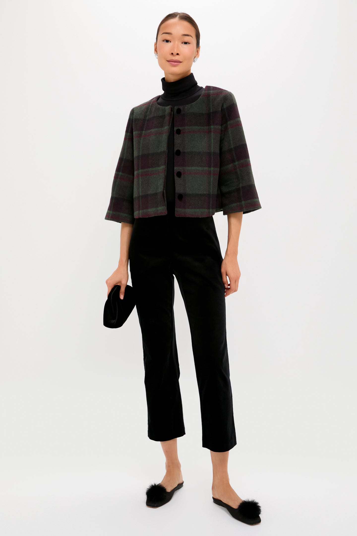 Forest Plaid Wool Fur Cuff Maxine Jacket