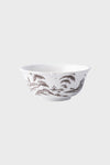 Juliska ceramic bowl from the Country Estate Collection showcases a black-and-white pastoral landscape with trees, birds, and a small building. Scalloped rim adds elegant detail.