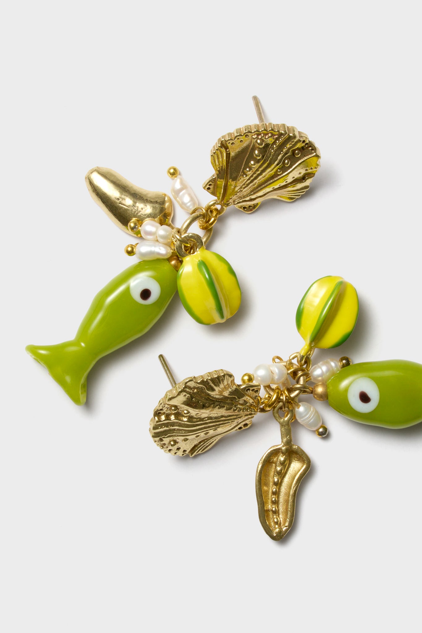 Multi Tesori Fish Charm Drop Earrings: Effortlessly whimsical with classic gold-plated studs, featuring playful fish beads, pearls, and shell charms for a fun, high-end ocean-inspired look.