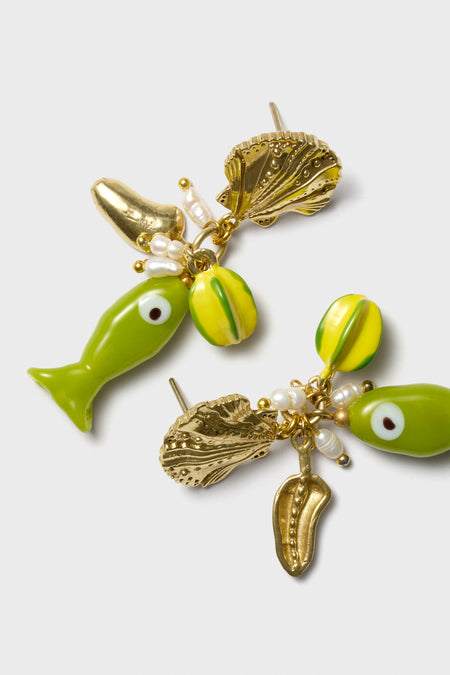 Multi Tesori Fish Charm Drop Earrings: Effortlessly whimsical with classic gold-plated studs, featuring playful fish beads, pearls, and shell charms for a fun, high-end ocean-inspired look.