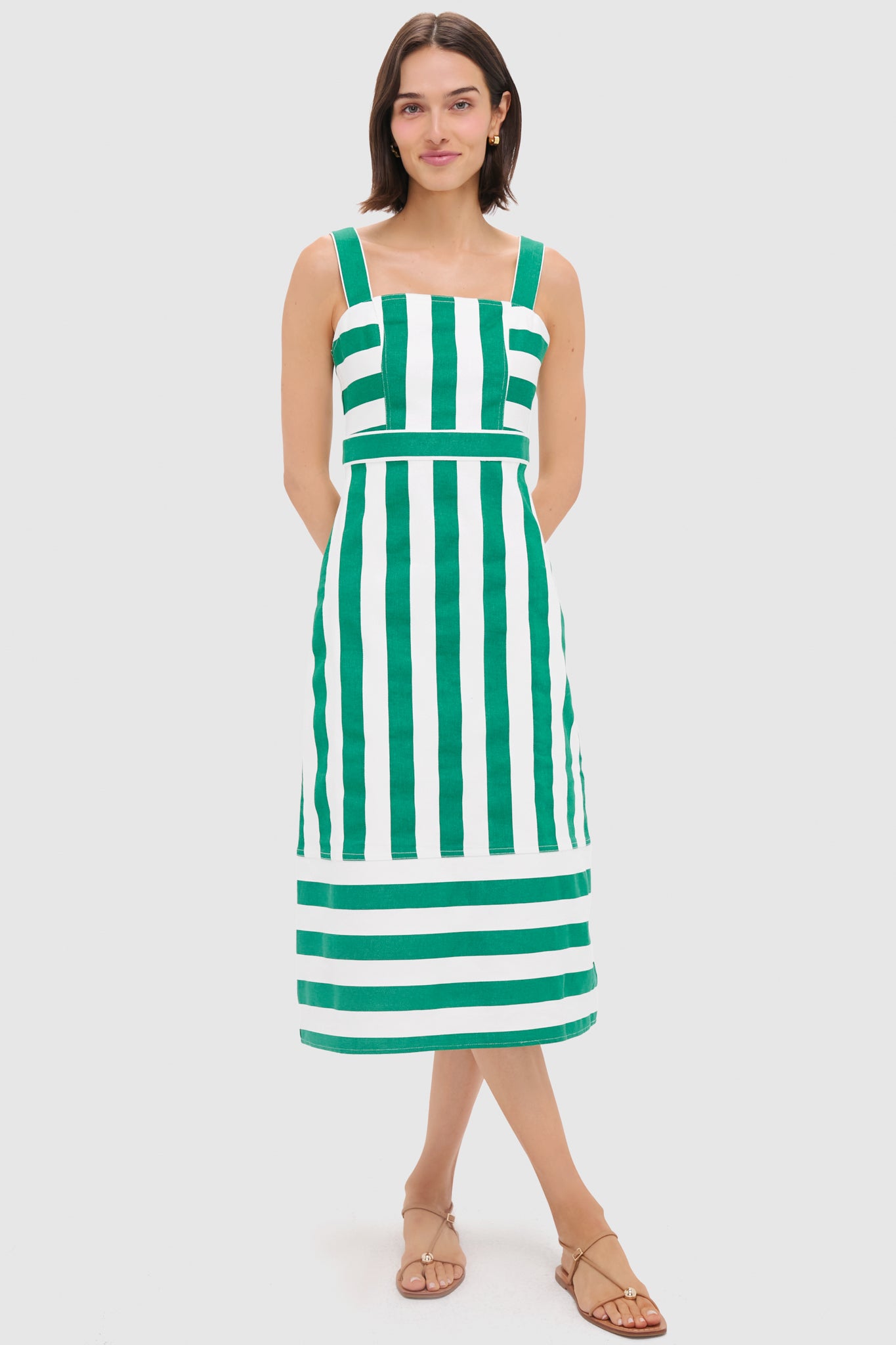 Green & White Striped Hooper Denim Midi Dress