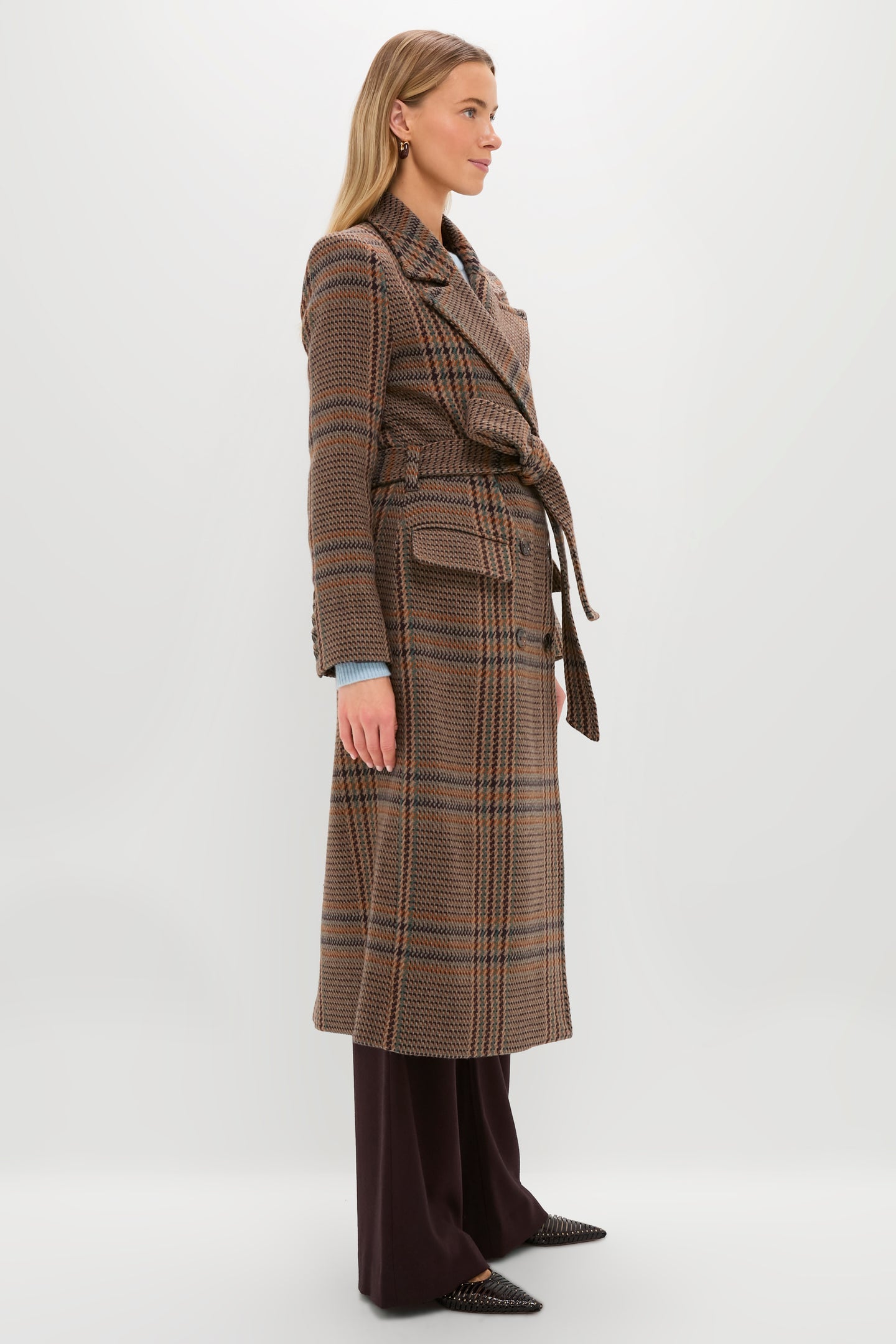 Brown Plaid Kolina Long Coat with Belt