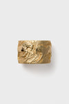 Wide gold ring featuring an embossed design of two horses facing each other, inspired by the Jane Win Gold Courage Horse Cuff.