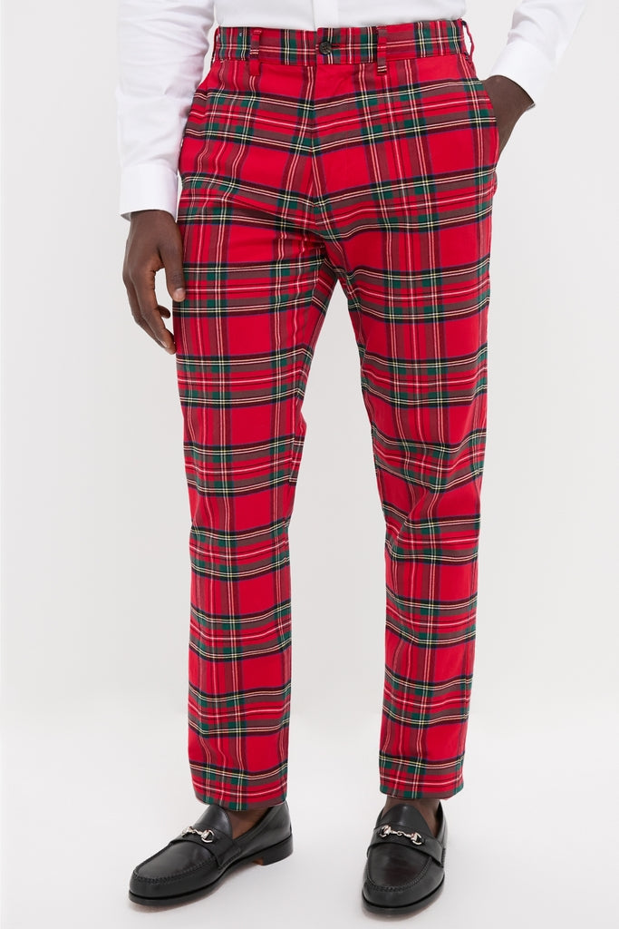 Royal Stewart Tartan Stretch Twill Harbor Pants styled effortlessly with black loafers; classic, high-end straight-leg design perfect for fun, confident occasions.