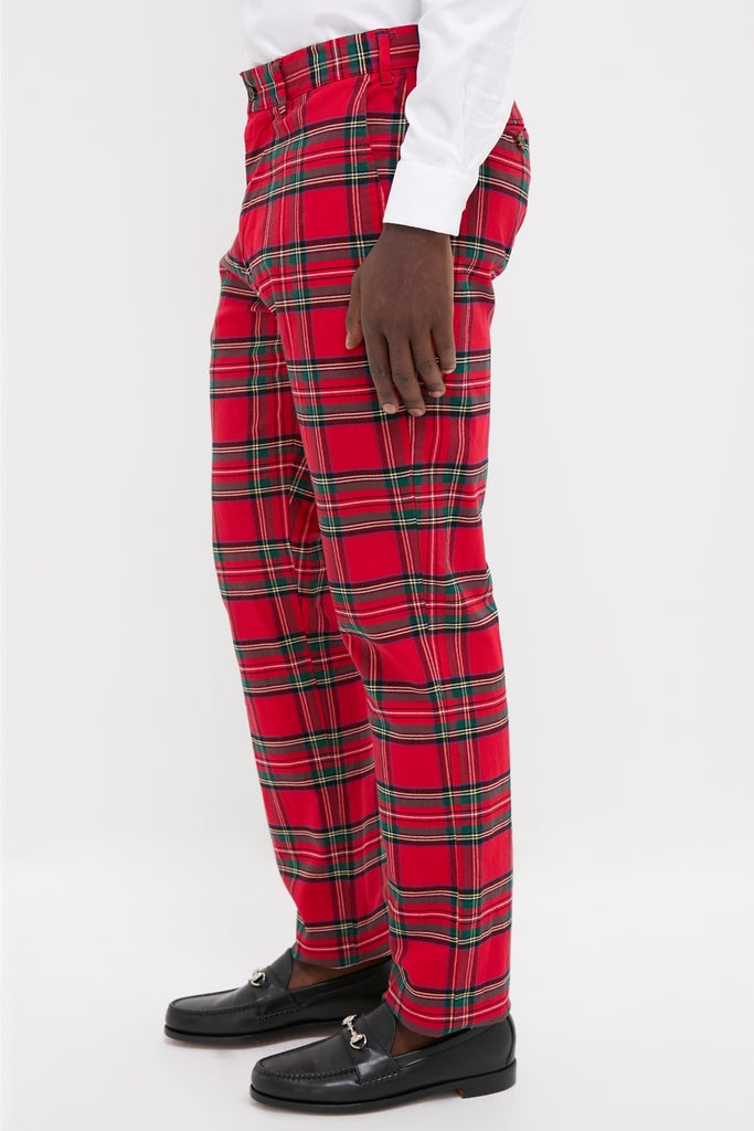 Royal Stewart Tartan Stretch Twill Harbor Pants, showcasing a classic, high-end look with effortless style. Features include a mid-rise fit and straight-leg design, embodying fun sophistication.