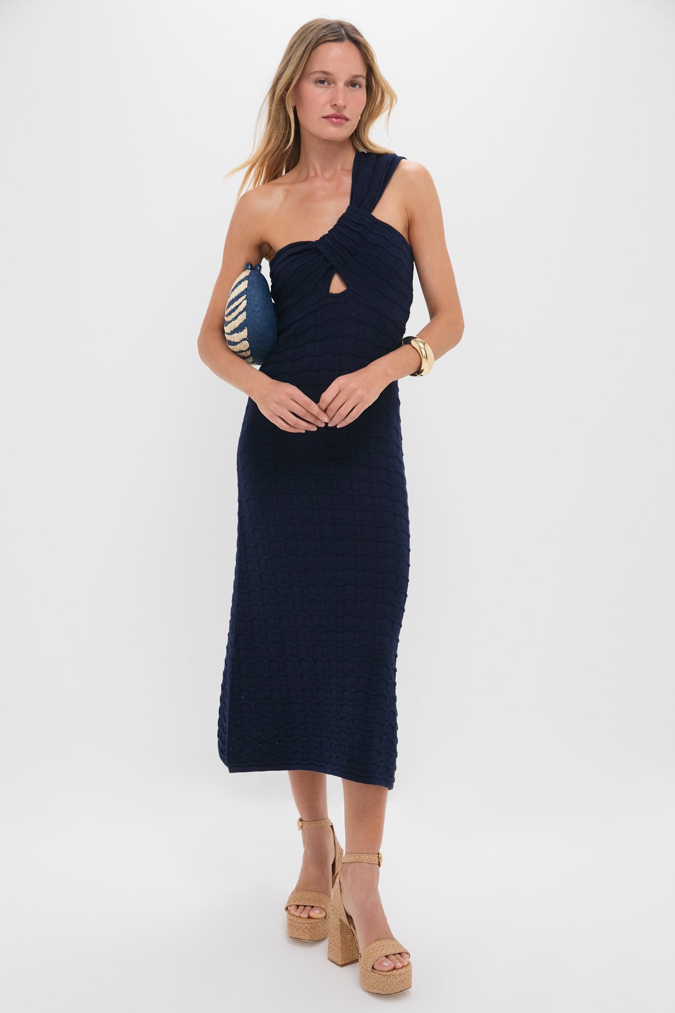 Navy Knit One Shoulder Nicole Midi Dress