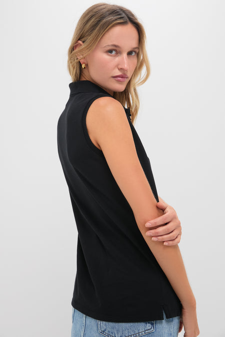 Black Pique Sleeveless Ruffle Margaret Polo
