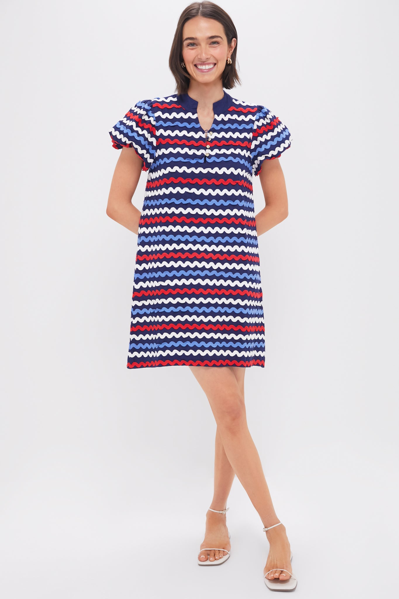 Navy Multi Ric-Rac Button Front Mini Dress