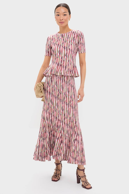 Model wearing a classic, effortless two-piece ensemble with Cognac Studded Cage Heels, a fun and high-end addition to the outfit, from Tuckernuck.