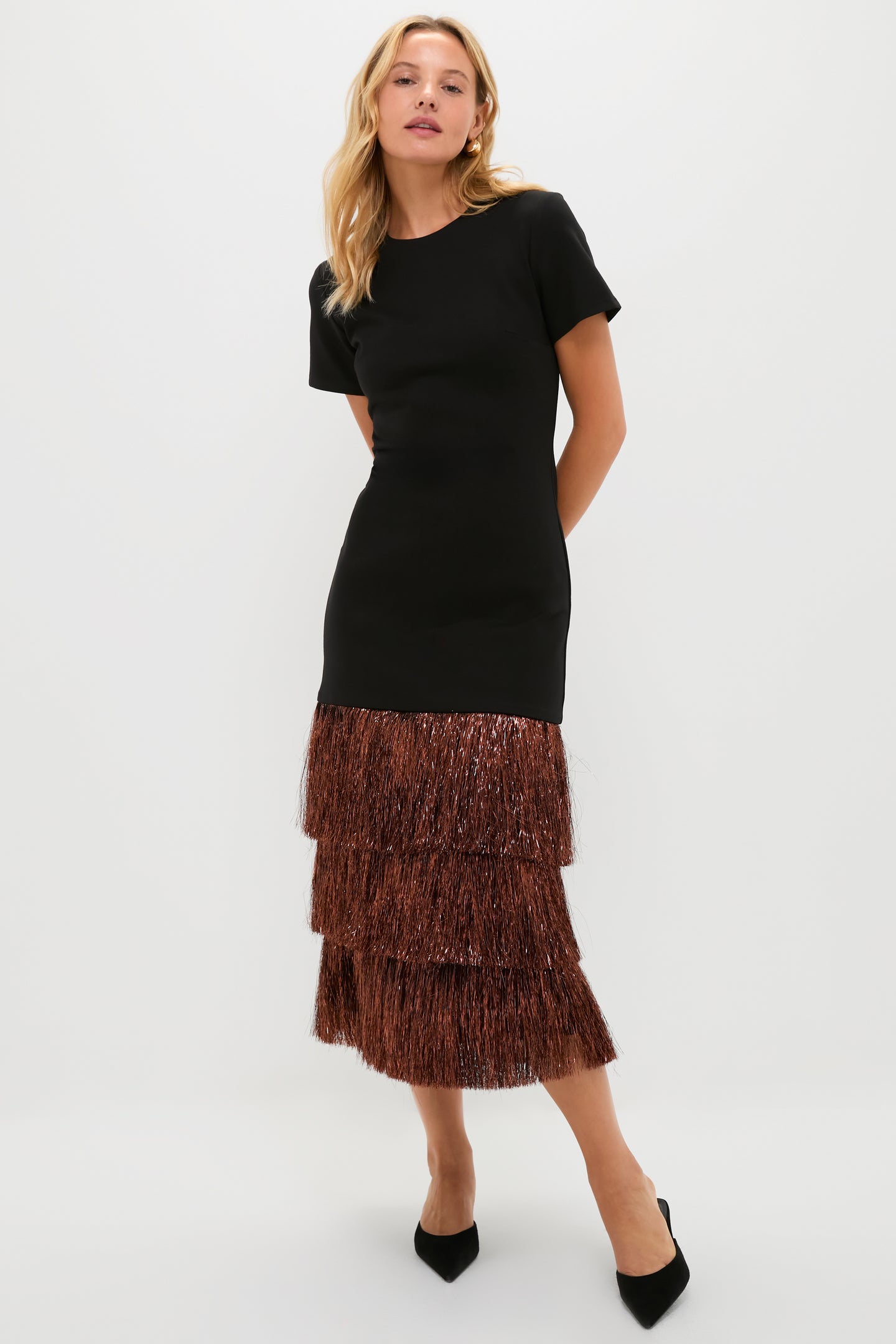 Black & Bronze Metallic Fringe Francie Short Sleeve Maxi Dress