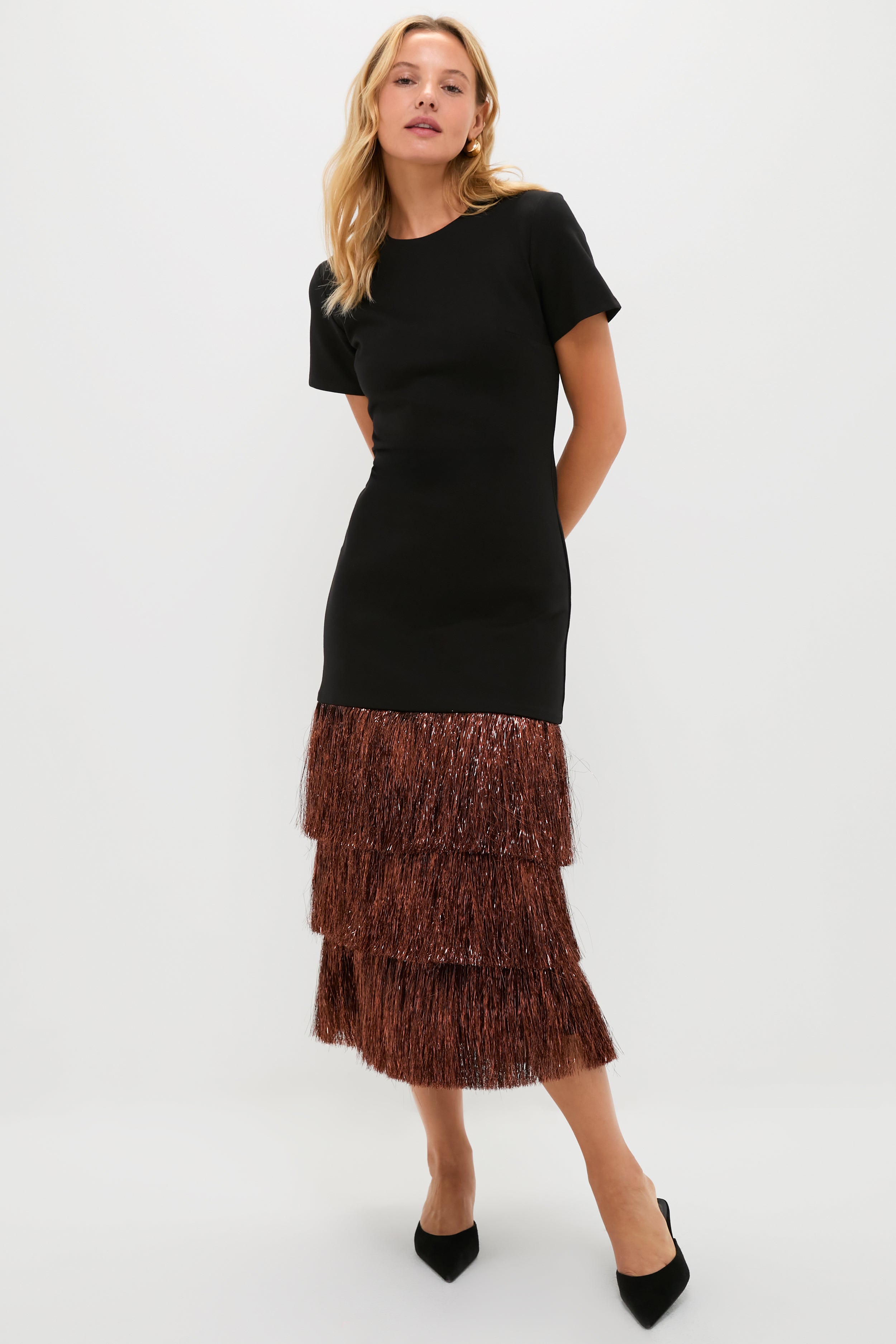 Black & Bronze Metallic Fringe Francie Short Sleeve Maxi Dress