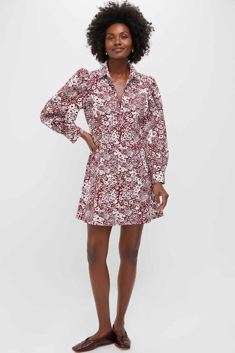 A woman poses against a plain background wearing a Hyacinth House maroon floral mini dress with long sleeves and a collar, paired with brown shoes.