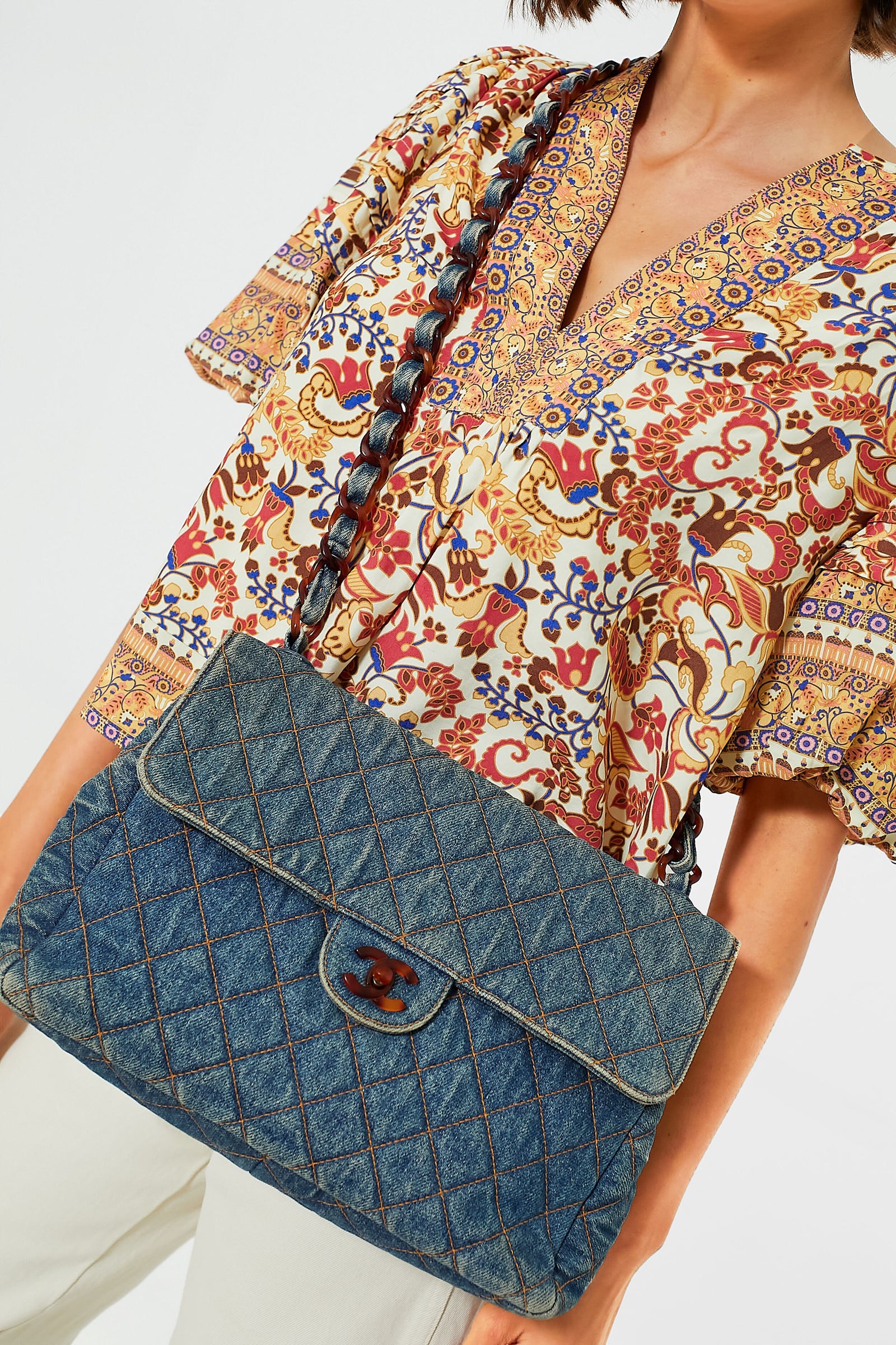 CHANEL Denim and Tortoise Vintage Quilted Jumbo Flap Bag