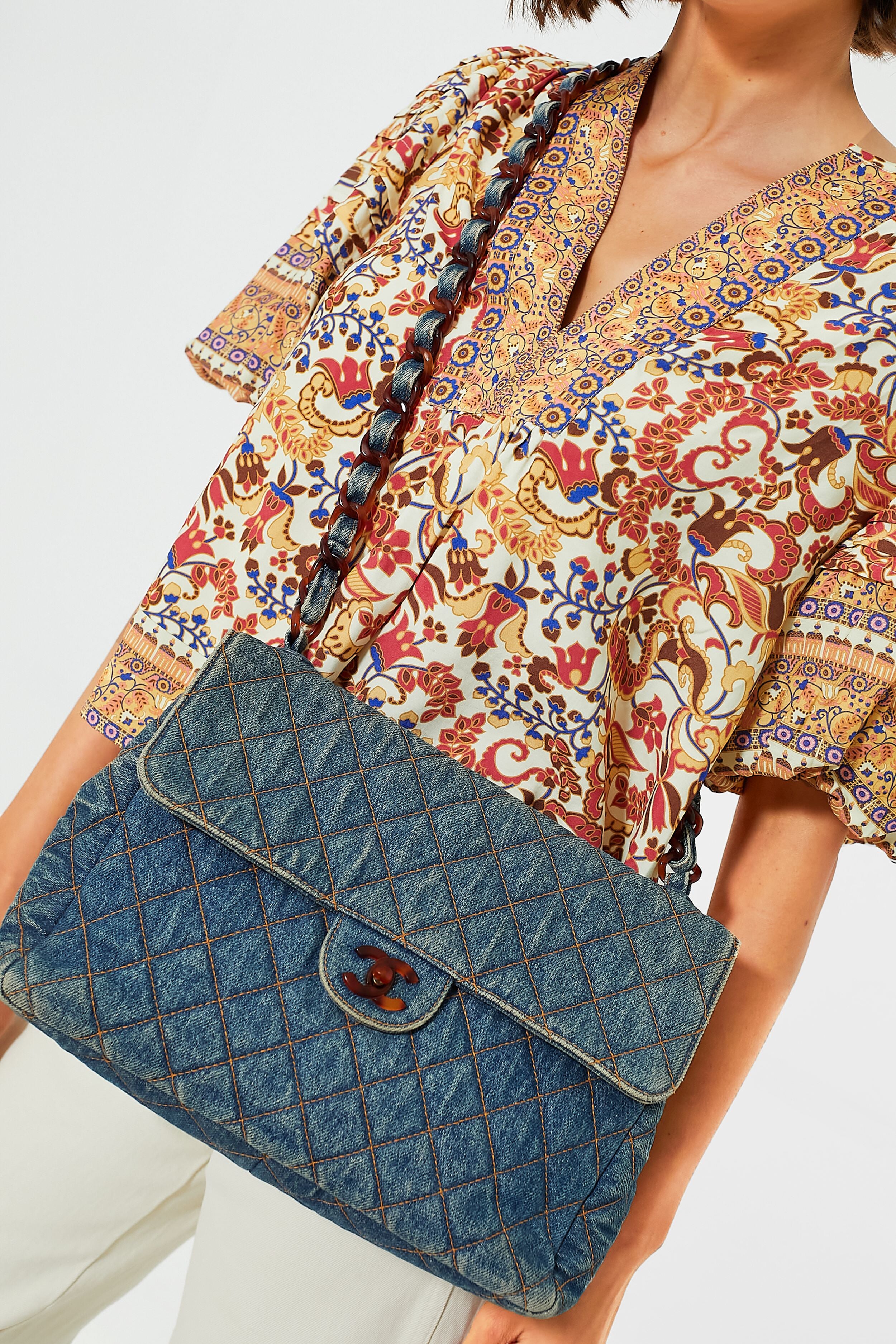 CHANEL Denim and Tortoise Vintage Quilted Jumbo Flap Bag