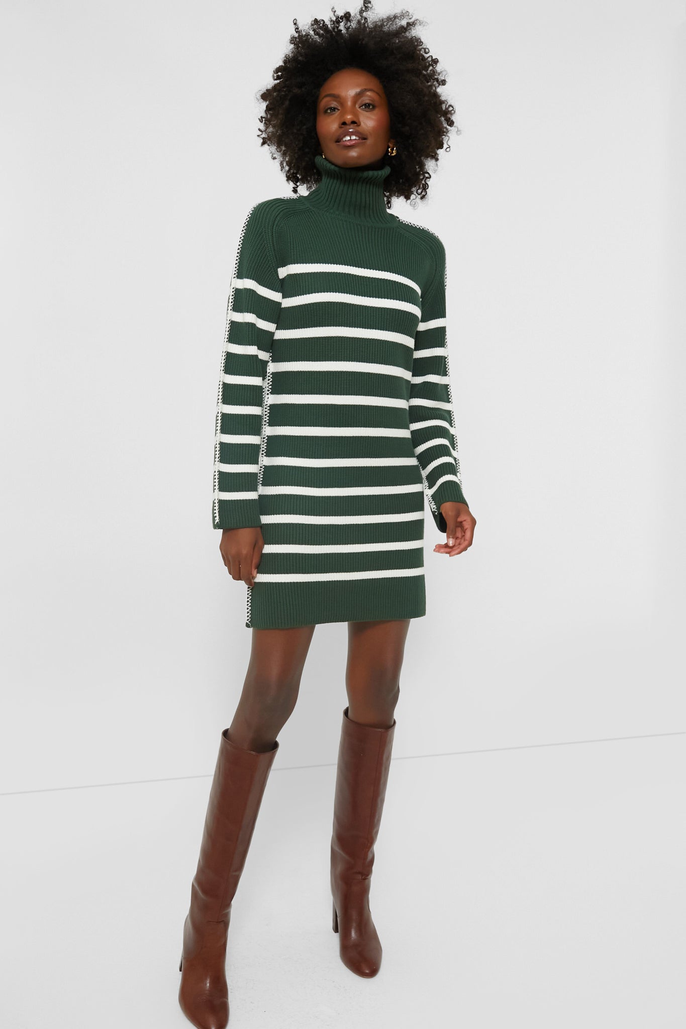 Hyacinth House Pine Green White Striped Emsley Mini Sweater Dress Pine Green White Striped M