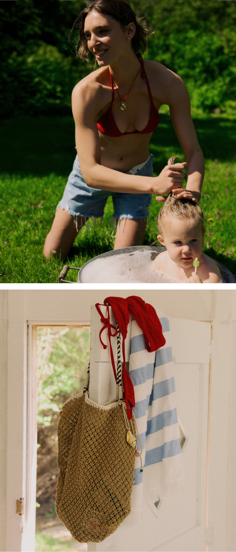 Top: Woman kneeling on the grass, washing the hair of a baby. Woman in red bikini top and jean shorts. Bottom: A white wooden door ajar with an open knit tote bag, red bikini, and blue and white towel sitting on it. 