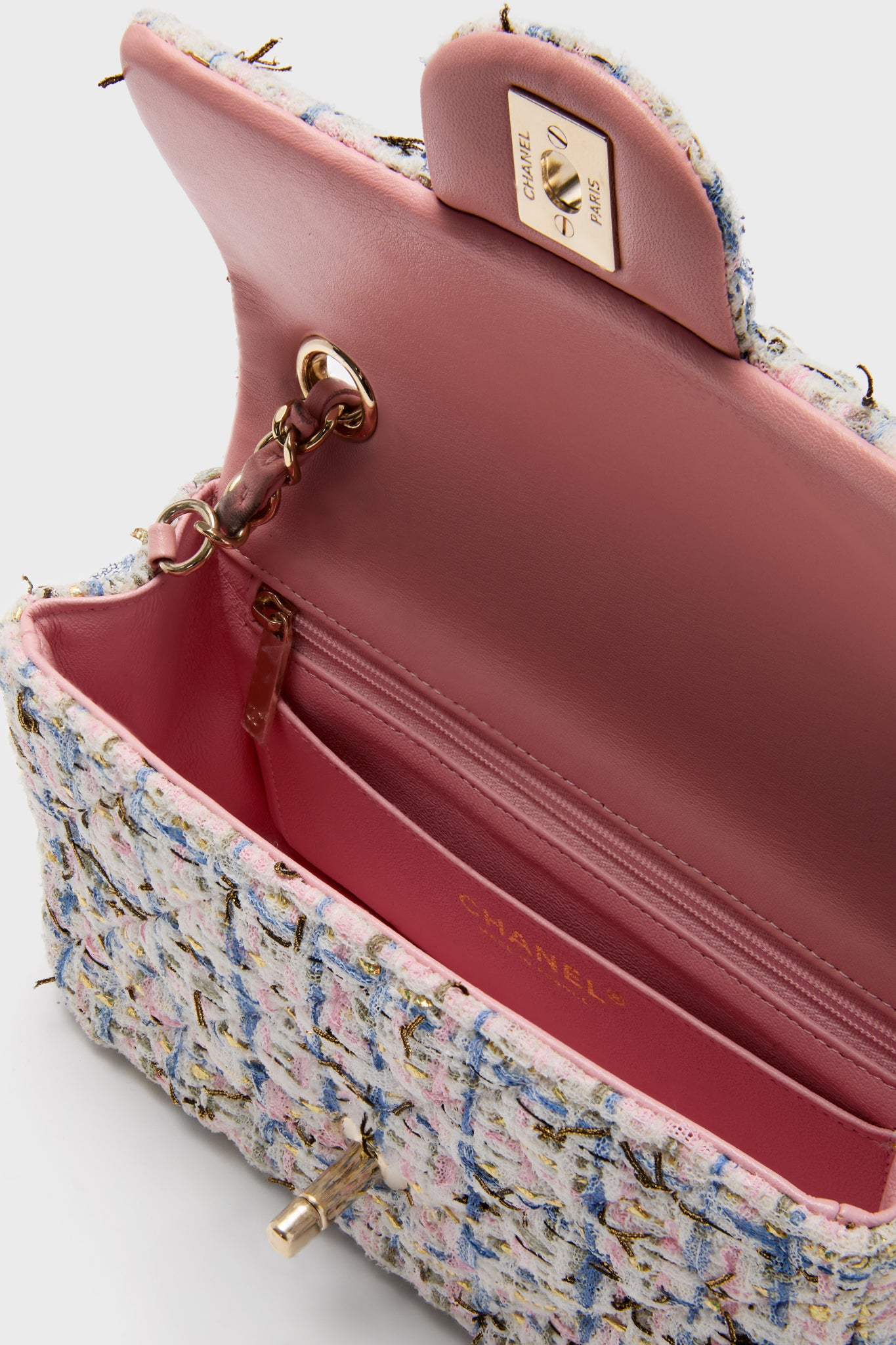 CHANEL Pink Tweed Mini Matelasse Crossbody