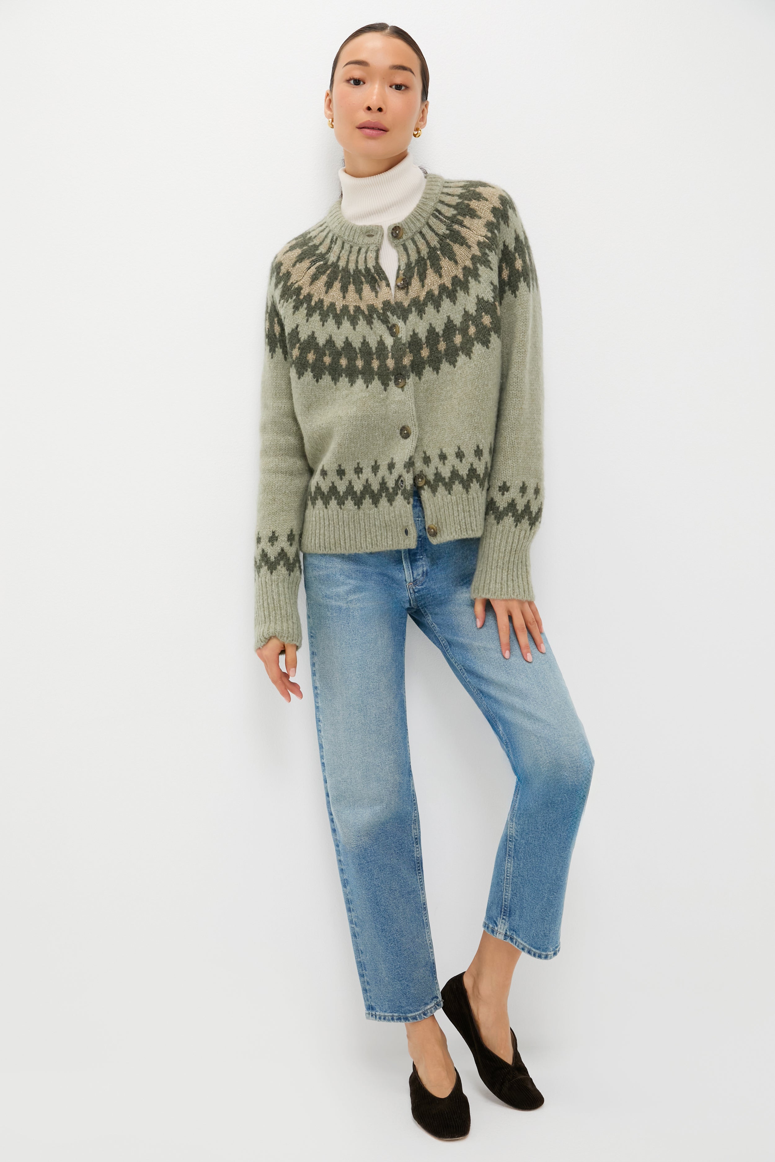 Fir Green Lurex Marlow Fair Isle Cardigan | Tuckernuck