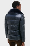 Blue Navy Nylon Ultralight Short Jacket with Faux Fur Collar