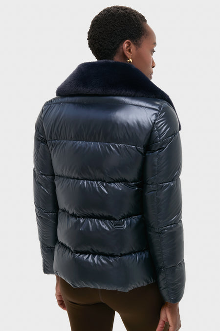 Blue Navy Nylon Ultralight Short Jacket with Faux Fur Collar