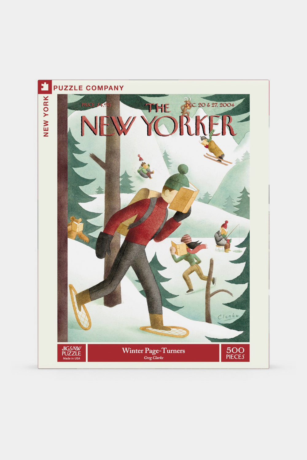 Illustration of a person walking in snowy woods while reading, with others skiing and sledding nearby. Featured on a 500-piece jigsaw puzzle by New York Puzzle Company—an ideal gift, proudly made in the USA.