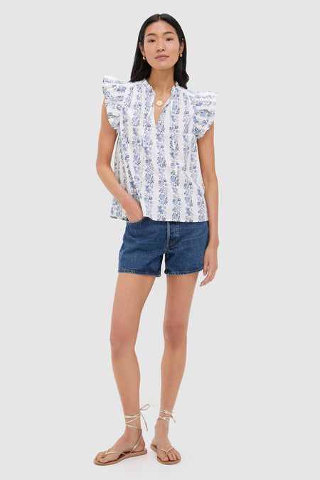 Bella Floral White Ruffle Sleeve Popover