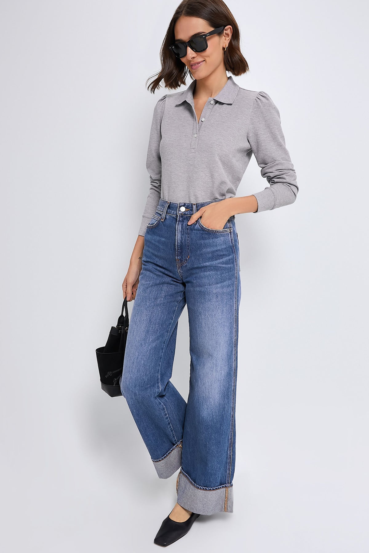 Gray Long Sleeve Pique Puff Sleeve Peggy Polo