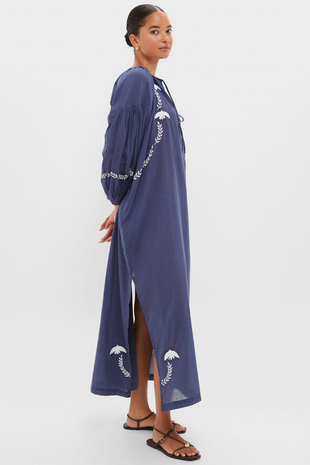 White Dove Embroidery Blue Indigo Organic Folk Maxi Dress | Love Tomas by  Emerson Fry