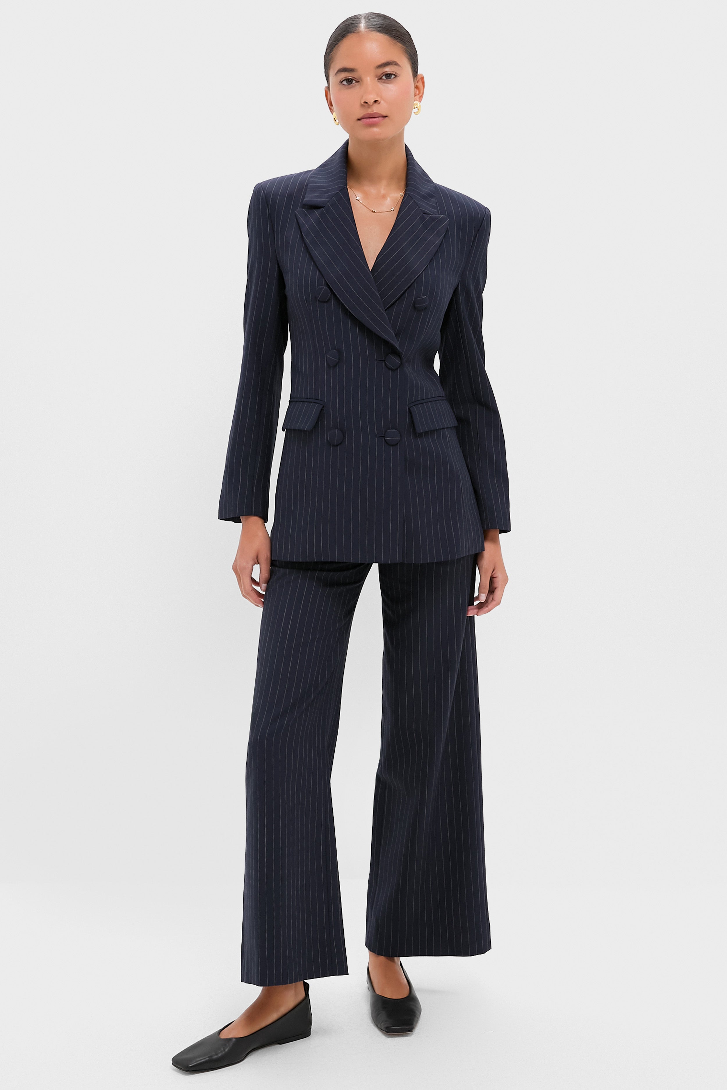 Navy Pinstripe Darted Wideleg Trouser