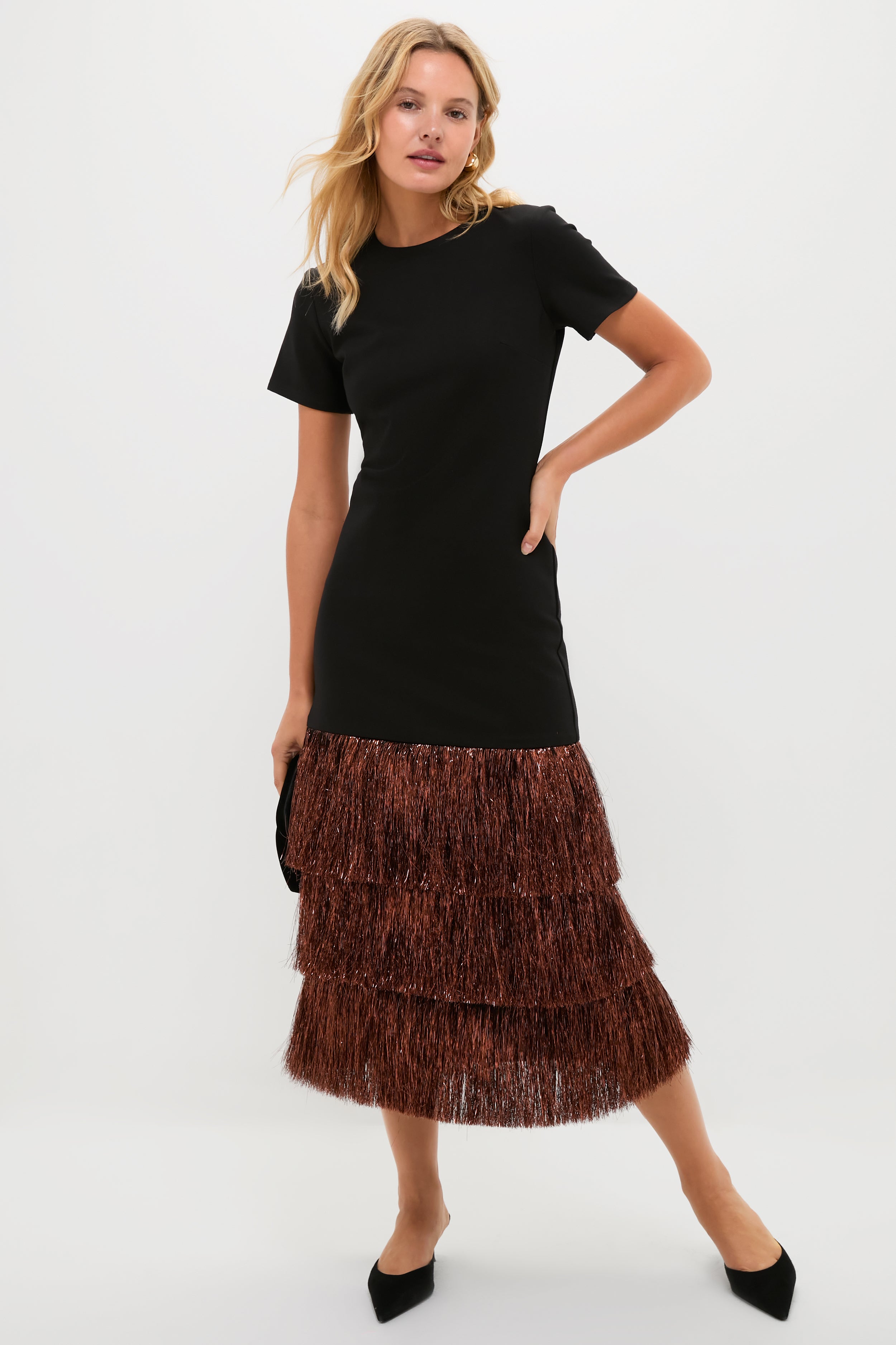 Black & Bronze Metallic Fringe Francie Short Sleeve Maxi Dress