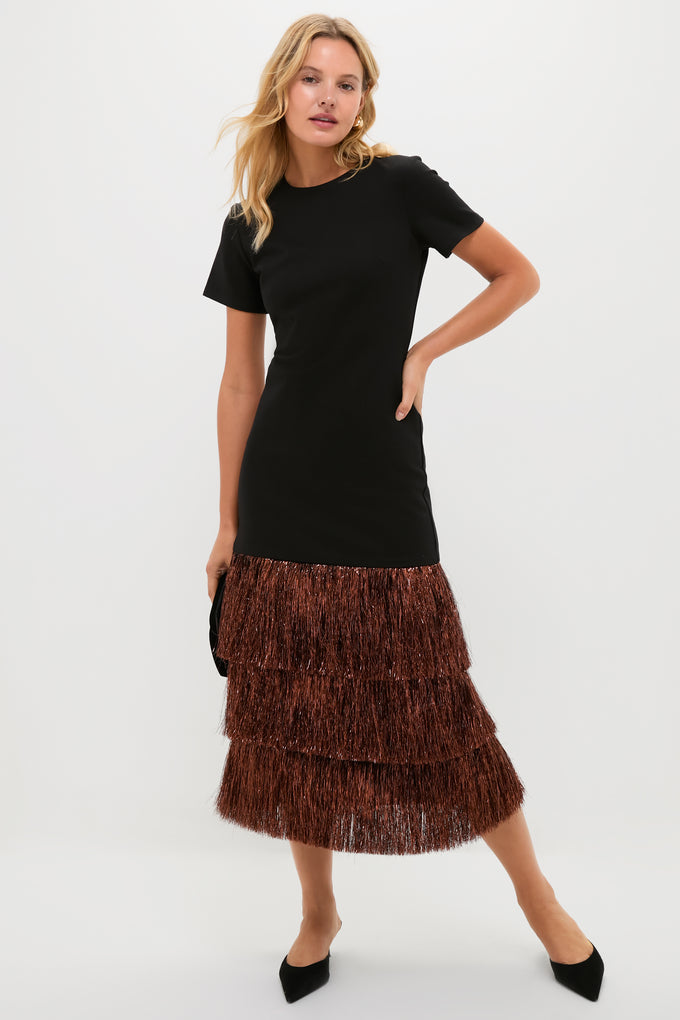 Black & Bronze Metallic Fringe Francie Short Sleeve Maxi Dress