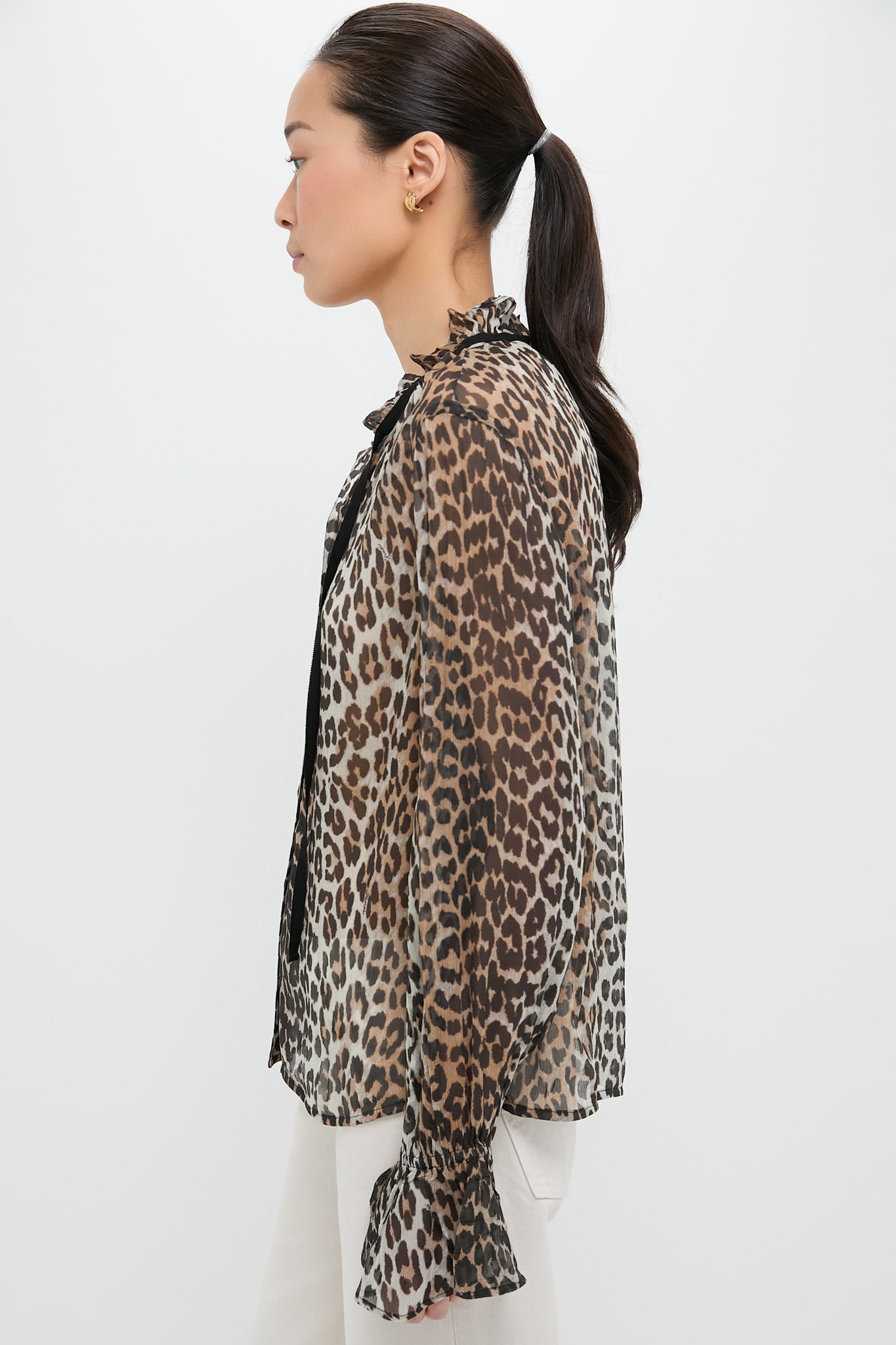 Leopard Printed Viscose Chiffon Tie String Shirt
