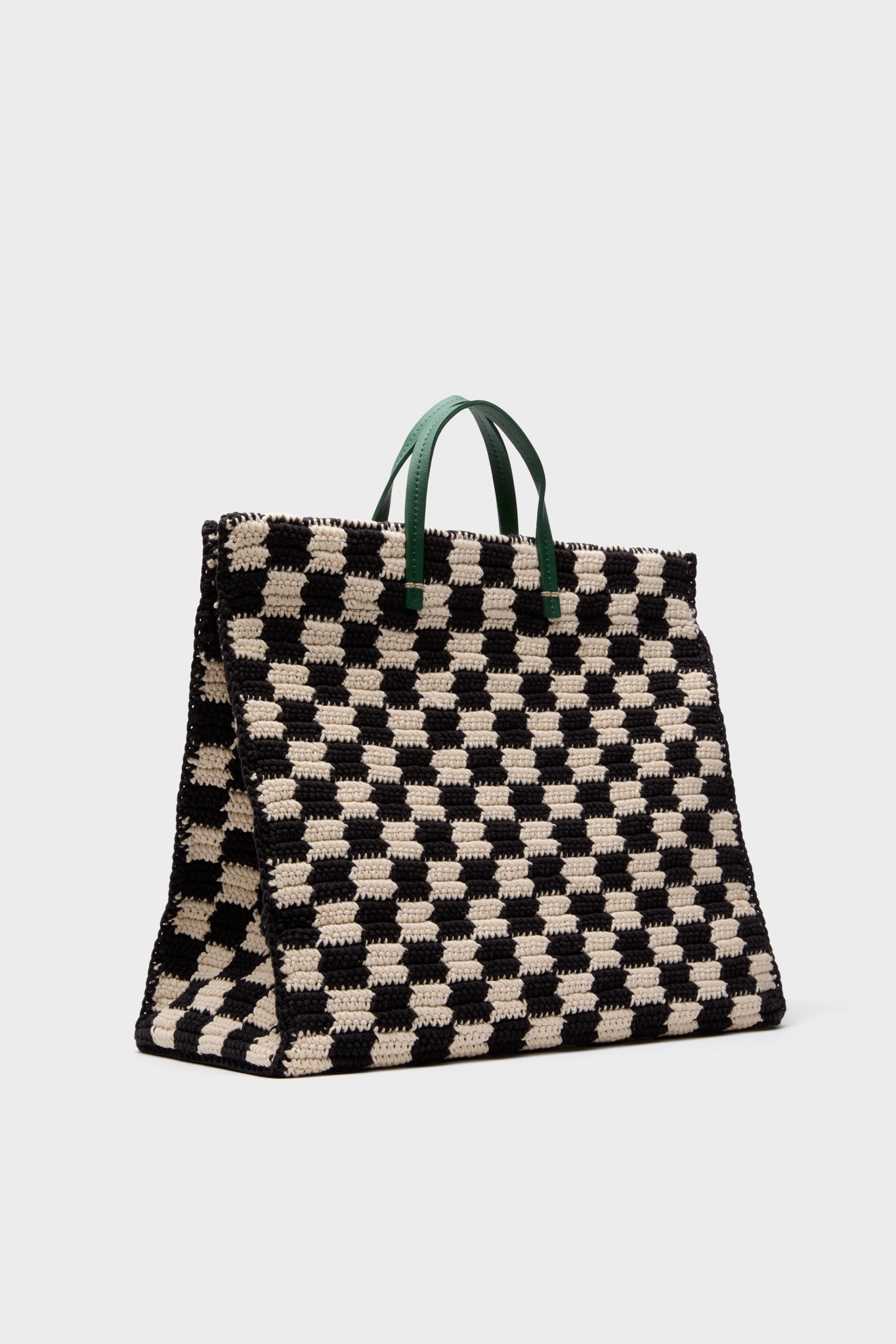 Classic Black and Cream Crochet Checker Summer Simple Tote with green leather handles, perfect for an effortless, high-end look. Fun, spacious design fits a 17 laptop.