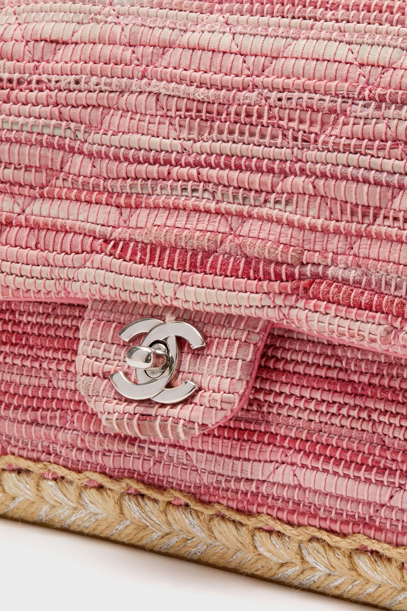 CHANEL Pink Classic Raffia Espadrille Flap Bag
