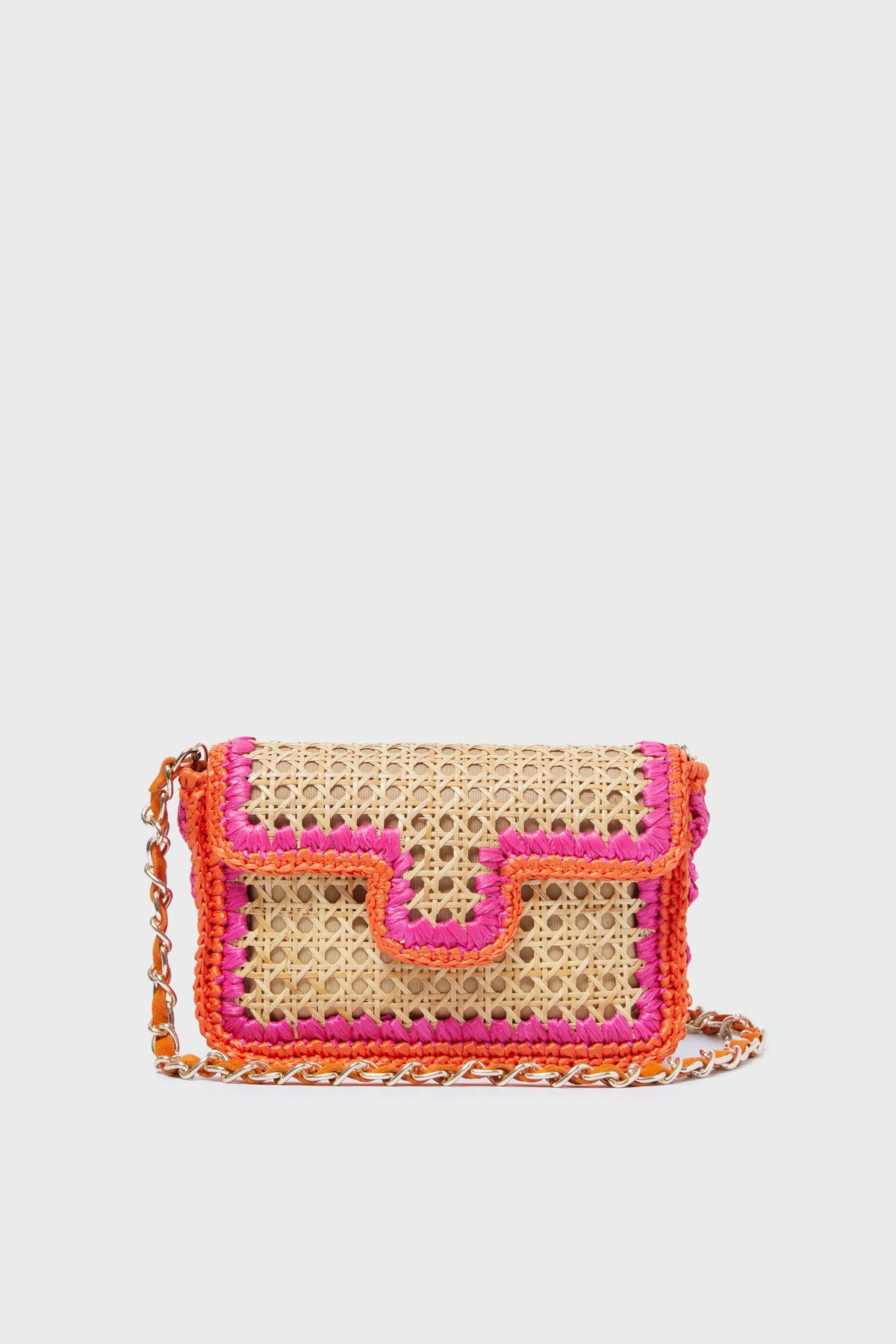 A chic Caterina Bertini small rectangular woven crossbody bag with a chain strap, accented by pink and orange crochet trim on the edges and flap—an elegant Italian accessory.