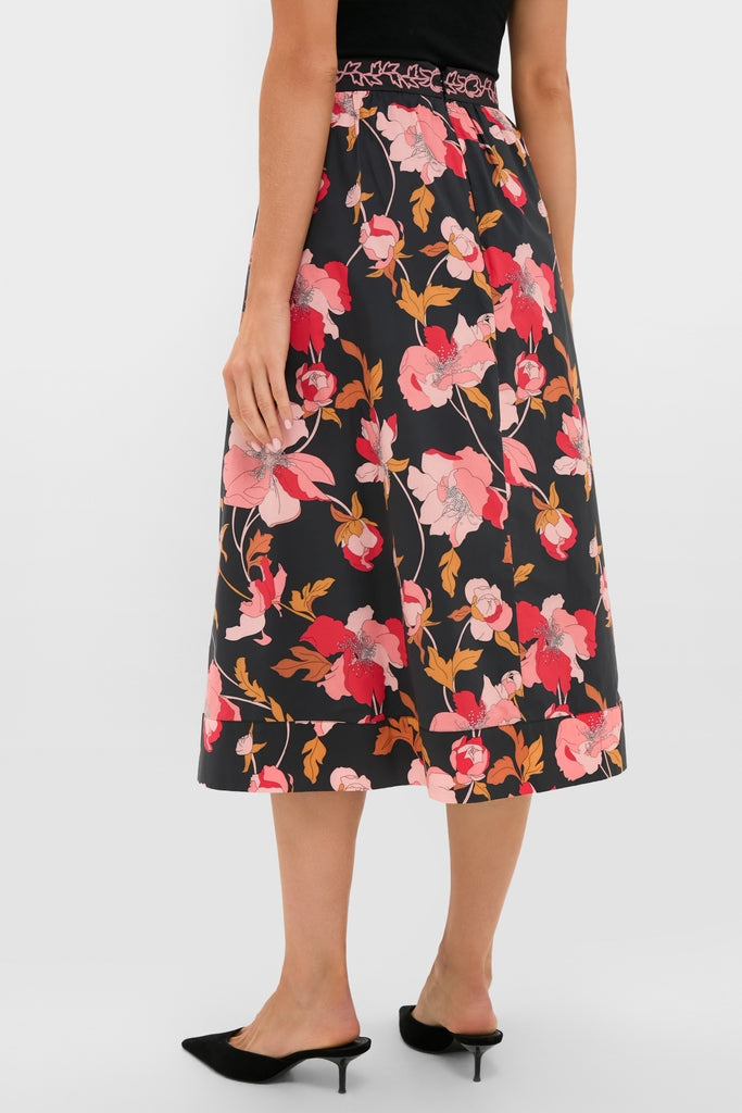 Classic and effortless, the Black & Shades of Pink Floral Embroidered Sia Maxi Skirt features a high-end A-line silhouette with vibrant floral motifs, embodying fun sophistication.