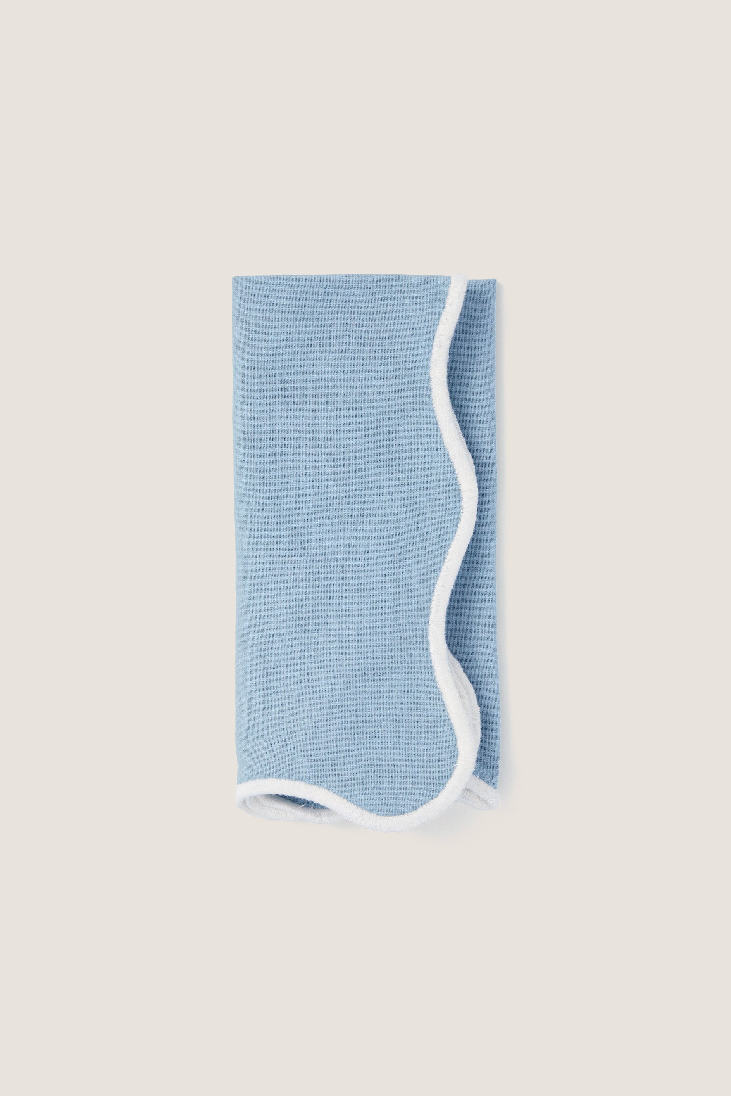 Dusty Blue and White Embroidered Scalloped Napkins Set of 4