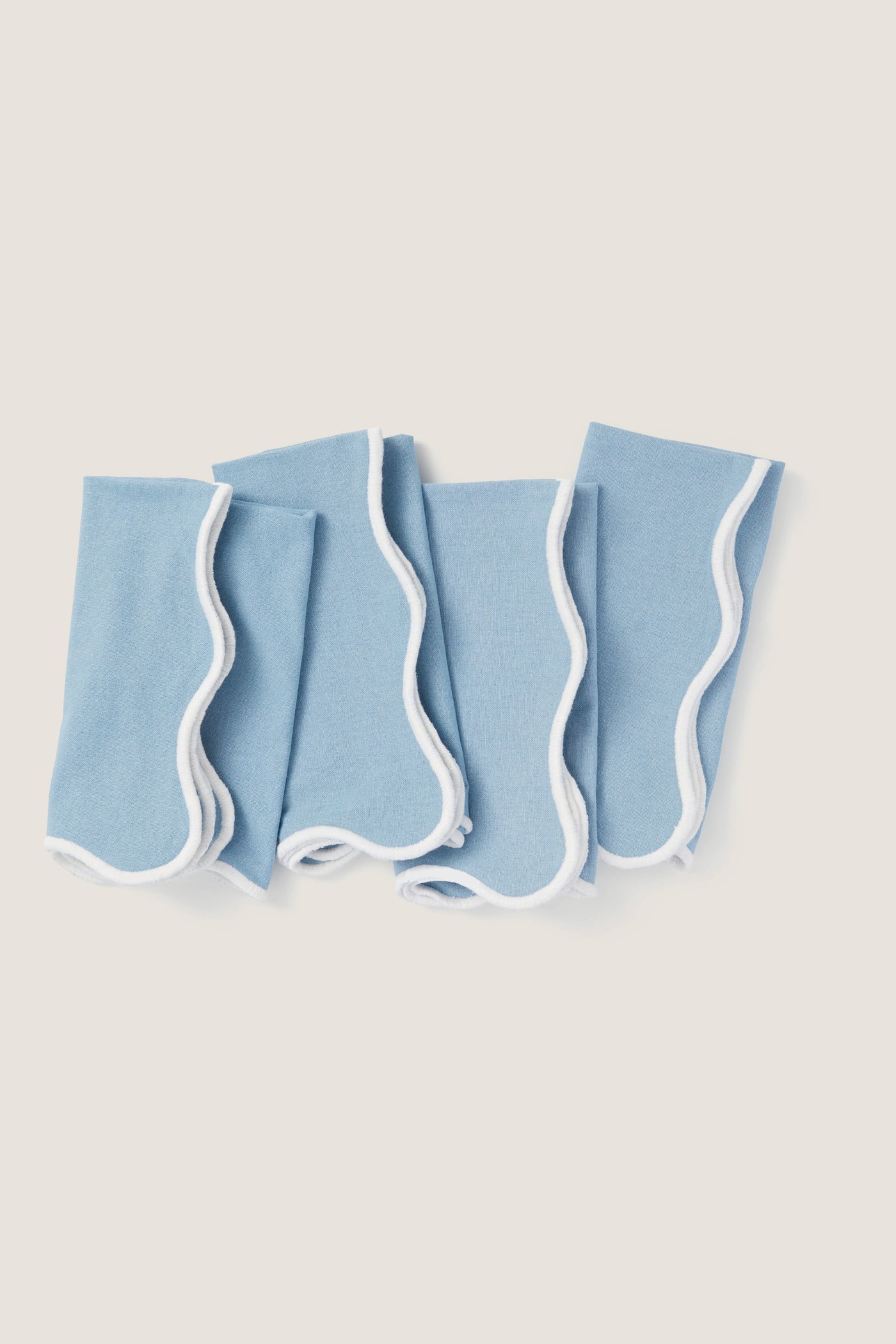 Dusty Blue and White Embroidered Scalloped Napkins Set of 4